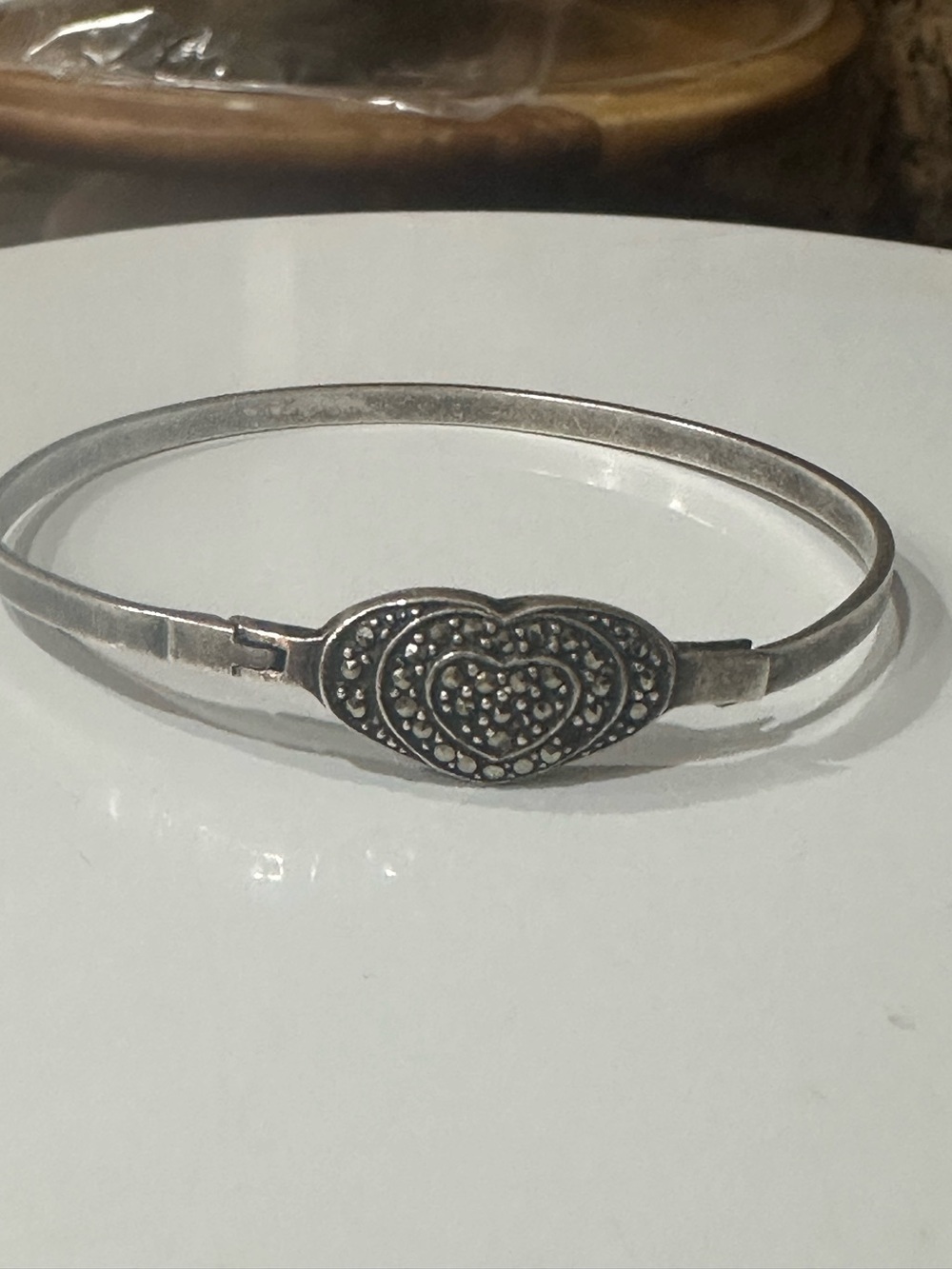 Sterling Silver Heart Marcasite Bangle Bracelet - Silver Heart Accent